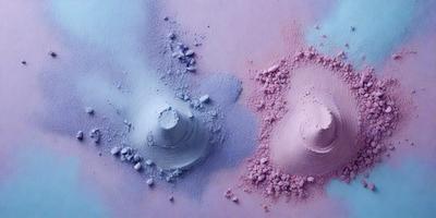 The primary subject of the image is a pair of colorful, textured rocks. The rocks are placed on a purple surface, which adds a vibrant and lively atmosphere to the scene. The visual style of the image is a combination of photo and digital art, creating a unique and eye-catching appearance. The colors and mood of the image are predominantly purple and pink, giving it a warm and inviting feel.