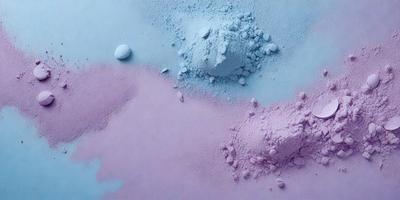 The primary subject of the image is a pink and blue colored powder, which appears to be a mix of pink and blue paint. The setting is a table, and the visual style is a close-up of the powder. The colors and mood of the image are predominantly pink and blue, creating a vibrant and lively atmosphere.