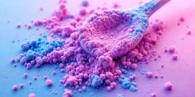 The primary subject of the image is a pink and purple powder, which appears to be a mix of both colors. The setting is a white surface, possibly a table or a countertop. The visual style of the image is a close-up of the powder, showcasing its texture and color. The dominant colors in the image are pink and purple, creating a vibrant and lively atmosphere.