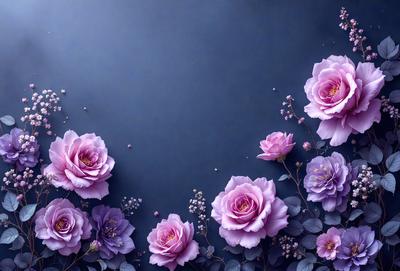 The primary subject of the image is a bouquet of purple flowers. The flowers are arranged in a visually appealing manner, creating a sense of beauty and elegance. The setting is a blue background, which adds a touch of color and contrast to the scene. The visual style of the image is a combination of photo and digital art, resulting in a high-quality and detailed representation of the flowers. The colors and mood of the image are predominantly purple, which evokes a sense of calmness and serenity