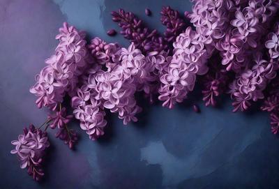 Purple flowers are the primary subject of the image. They are displayed on a blue surface, which could be a wall or a table. The flowers are arranged in a pattern, creating a visually appealing scene. The overall atmosphere of the image is serene and calming, with the purple flowers serving as the main focus.
