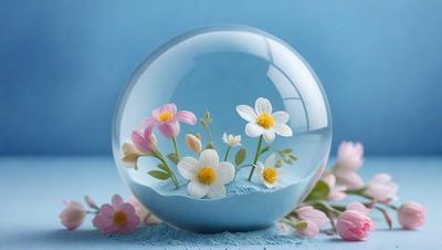 The primary subject of the image is a glass bowl filled with fake flowers. The setting is a blue background, which adds a calming and serene atmosphere to the scene. The visual style is a combination of photo and digital art, creating a realistic yet artistic representation of the flowers. The colors are predominantly white and pink, which evoke a sense of freshness and beauty.