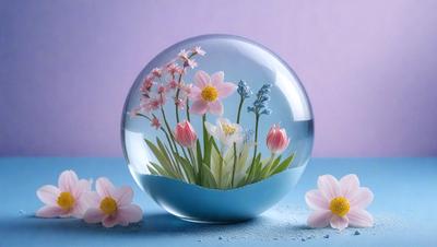 The primary subject of the image is a glass bowl filled with a variety of flowers. The bowl is placed on a table, and the flowers are arranged in a visually appealing manner. The setting is indoors, with a purple background visible in the image. The visual style is a combination of photo and digital art, creating a realistic yet artistic representation of the flowers. The colors and mood of the image are predominantly pink and purple, giving it a warm and inviting atmosphere.
