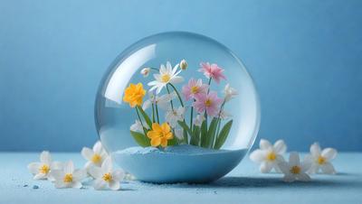 The primary subject of the image is a glass bowl filled with flowers. The bowl is placed on a blue surface, which serves as the setting for the scene. The visual style of the image is a combination of photo and digital art, creating a realistic yet artistic representation of the flowers. The colors and mood of the image are predominantly blue and white, giving it a calm and serene atmosphere.