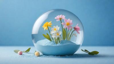 The primary subject of the image is a glass bowl filled with blue sand, containing a bouquet of flowers. The flowers are white and pink, and they are arranged in a visually appealing manner. The setting is a blue background, which complements the colors of the flowers. The visual style of the image is a combination of photo and digital art, creating a realistic yet artistic representation of the flowers in the glass bowl. The colors and mood of the image are predominantly blue and serene, evoking