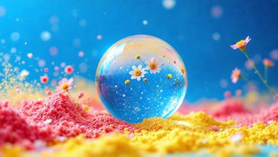 The primary subject of the image is a blue and yellow glass ball with a flower design on it. The setting is a colorful background, possibly a painting or a digital artwork. The visual style appears to be a combination of photo and digital art, creating a vibrant and lively atmosphere. The dominant colors are blue, yellow, and pink, which contribute to the overall cheerful and lively mood of the scene.
