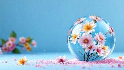 The primary subject of the image is a glass ball filled with pink and white flowers. The setting is a blue background, which creates a contrasting and visually appealing effect. The visual style is a combination of photo and digital art, as the glass ball appears to be a real object, while the flowers are digitally rendered. The colors and mood of the image are predominantly pink and white, giving it a delicate and serene atmosphere.