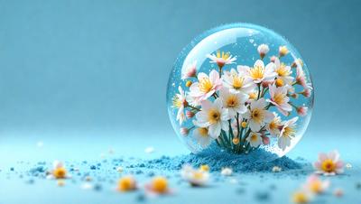 The primary subject of the image is a bouquet of flowers, which are the main objects in the scene. The flowers are placed inside a blue glass ball, creating a unique and visually appealing display. The setting is a blue background, which complements the vibrant colors of the flowers. The visual style of the image is a combination of photo and digital art, as it captures the beauty of the flowers in a creative and artistic manner. The colors and mood of the image are predominantly blue and serene