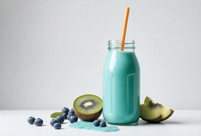 The primary subject of the image is a glass of blue milk, which is placed on a table. The setting is a white background, and the visual style is a photo. The dominant colors in the image are blue and green, creating a calm and soothing atmosphere.