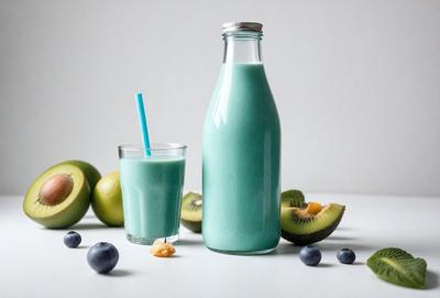 The primary subject of the image is a bottle of green smoothie, which is placed next to a glass filled with the smoothie. The setting is a table with a variety of fruits, including kiwi, limes, and blueberries. The visual style is a close-up of the bottle and the glass, showcasing the smoothie's color and texture. The colors and mood of the image are predominantly green, with a refreshing and healthy atmosphere.