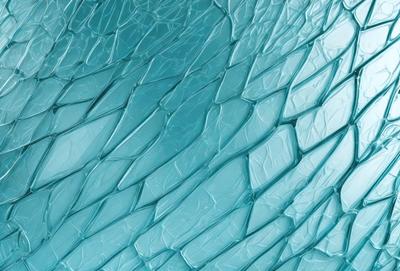 The primary subject of the image is a blue, textured surface that resembles a piece of glass or a shattered glass pattern. The setting is a blue background, and the visual style appears to be a digital art or illustration. The colors and mood of the image are predominantly blue, creating a calm and serene atmosphere.