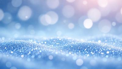 The primary subject of the image is a blue, snowy sky filled with glittering, sparkling snowflakes. The setting is a winter landscape, with the sky serving as the backdrop. The visual style is a photo, capturing the beauty of the snowy scene. The colors and mood of the image are predominantly blue and cold, creating a serene and tranquil atmosphere.
