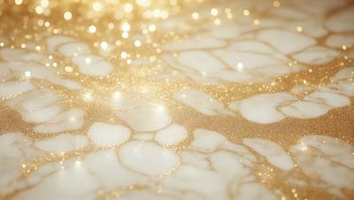 The primary subject of the image is a marble surface with a gold-like pattern. The setting is a room with a white marble countertop. The visual style is a close-up of the marble surface, showcasing the gold-like pattern. The colors and mood of the image are predominantly white and gold, creating a luxurious and elegant atmosphere.