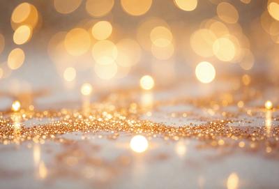 The primary subject of the image is a close-up of a shiny, glittery surface, possibly a table or a piece of artwork. The setting is a room with a white background, which creates a clean and minimalistic atmosphere. The visual style is a combination of a photo and digital art, as the glittery surface appears to be a digital creation. The colors and mood of the image are predominantly gold and shiny, giving it a warm and inviting feel.