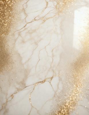 The primary subject of the image is a marble countertop with a gold-colored, glittery finish. The setting is a kitchen, and the visual style is a close-up of the countertop. The colors and mood of the image are warm and luxurious, with the gold finish adding a touch of sophistication and elegance to the space.