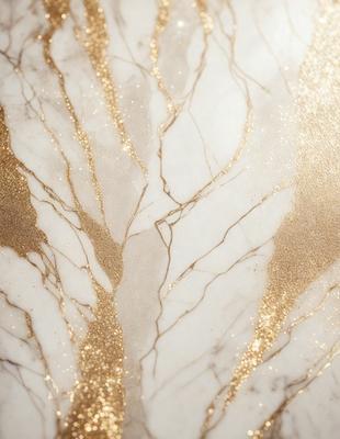 The primary subject of the image is a marble surface with gold glitter on it. The setting is a white marble countertop, and the visual style is a close-up of the marble with gold glitter. The colors and mood of the image are predominantly gold and glittery, creating a luxurious and elegant atmosphere.