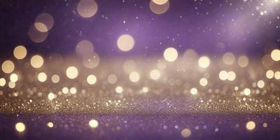 The primary subject of the image is a purple background with a pattern of gold glittering dots. The setting is a dark room, and the visual style is a combination of a photo and digital art. The colors and mood of the image are predominantly purple and gold, creating a warm and inviting atmosphere.