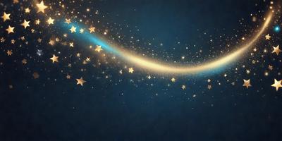The primary subject of the image is a blue and gold starry background. The setting is a dark blue sky, and the visual style is a digital art or illustration. The colors and mood of the image are predominantly blue and gold, creating a serene and celestial atmosphere.