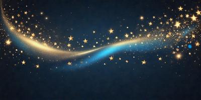 The primary subject of the image is a blue starry background with a swirling motion. The setting is a dark blue sky, and the visual style is a digital art or illustration. The dominant colors are blue and gold, creating a serene and celestial atmosphere.