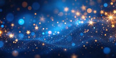 The primary subject of the image is a blue background with a pattern of bright, shining stars. The setting appears to be a night sky, with the stars creating a sense of depth and dimension. The visual style of the image is a combination of a photo and digital art, as it captures the beauty of the night sky while also showcasing the intricate pattern of the stars. The colors and mood of the image are predominantly blue and serene, evoking a sense of calmness and wonder.