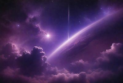 The primary subject of the image is a purple planet with a purple sky. The setting is a space scene, and the visual style is a digital art or illustration. The dominant colors are purple and pink, creating a serene and dreamy atmosphere.
