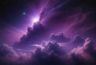 The primary subject of the image is a purple cloud with a bright sun shining through it. The cloud is surrounded by a dark purple sky, creating a dramatic and moody atmosphere. The visual style of the image is a combination of photo and digital art, as it appears to be a photo of a painting or digital illustration. The colors and mood of the image are predominantly purple, with the bright sun adding a touch of warmth to the scene.