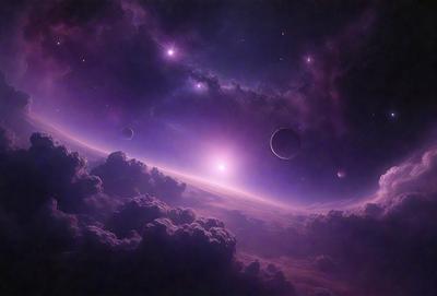 The primary subject of the image is a purple and blue planet with a cloudy atmosphere. The setting is a space scene with a backdrop of a purple sky. The visual style is a digital art or illustration, creating a surreal and dreamy atmosphere. The dominant colors are purple and blue, with the clouds adding a sense of depth and texture to the scene.