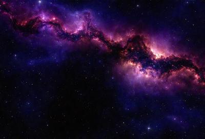The primary subject of the image is a purple nebula, which is a large, swirling cloud of gas and dust in space. The setting is a dark, star-filled sky, with the nebula as the main focus. The visual style is a combination of a photo and digital art, creating a striking and detailed representation of the nebula. The colors and mood of the image are predominantly purple, giving it a serene and celestial atmosphere.