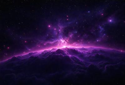 The primary subject of the image is a purple and pink nebula, which is the main object, scene, or focus of the image. The setting or background of the image is a dark, star-filled sky, with the nebula being the most prominent feature. The visual style of the image is a digital art or illustration, as it is a detailed and intricate representation of the nebula. The colors and mood of the image are predominantly purple and pink, creating a sense of wonder