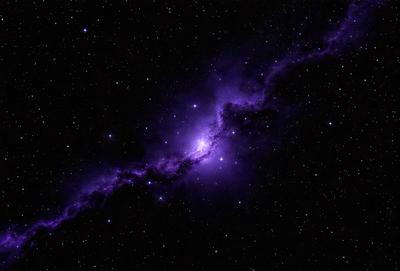 The primary subject of the image is a purple nebula, which is a cloud of gas and dust in space. The setting is a dark, star-filled sky, with the nebula being the main focus of the image. The visual style is a black and white photo, which adds a sense of depth and contrast to the scene. The colors and mood of the image are predominantly dark and dramatic, with the purple nebula standing out against the backdrop of the night sky.