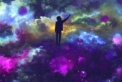 The primary subject of the image is a person, possibly a woman, flying through the air. The setting is a colorful, star-filled sky, which serves as the backdrop for the scene. The visual style of the image is a combination of photo and digital art, creating a vibrant and dynamic atmosphere. The colors and mood of the image are predominantly purple and blue, giving it a dreamy and surreal quality.
