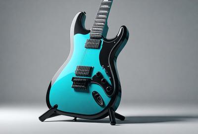 The primary subject of the image is a blue electric guitar. The guitar is prominently displayed, with its neck and body facing the viewer. The setting is a white background, which provides a clean and minimalist appearance. The visual style is a realistic representation of the guitar, capturing its details and colors. The dominant colors are blue and white, creating a sense of calmness and elegance.