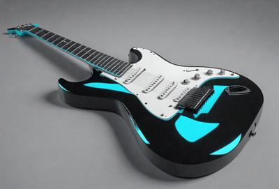 The primary subject of the image is a guitar, which is the main object, scene, or focus of the image. The guitar is placed on a gray surface, which serves as the setting or background. The visual style of the image is a combination of photo and digital art, as it appears to be a real guitar with a blue and black color scheme. The dominant colors and overall atmosphere of the image are blue and black, giving it a modern and sleek appearance.