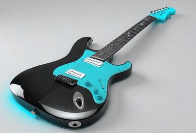 The primary subject of the image is a blue electric guitar. The guitar is prominently displayed in the foreground, with its body and neck visible. The setting is a white background, which provides a clean and uncluttered appearance. The visual style is a 3D digital rendering, giving the guitar a realistic and detailed appearance. The dominant colors are blue and white, creating a sense of modernity and sophistication.