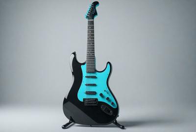 The primary subject of the image is a blue electric guitar. The guitar is prominently displayed in the foreground, with a gray background behind it. The visual style of the image is a photo, capturing the guitar's details and colors. The dominant colors in the image are blue and gray, creating a calm and focused atmosphere.