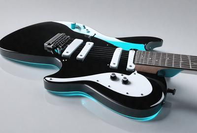 The primary subject of the image is a guitar, which is the main object, scene, or focus of the image. The guitar is placed on a gray surface, which serves as the setting or background. The visual style of the image is digital art, as it is a computer-generated or digitally rendered guitar. The colors and mood of the image are predominantly black and white, giving it a modern and sleek appearance.