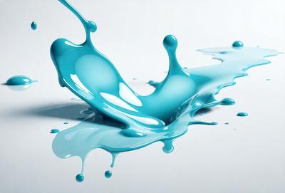 The primary subject of the image is a blue liquid, possibly water or paint, that is dripping or splashing onto a white surface. The setting is a white background, which provides a clean and minimalistic appearance. The visual style is a close-up of the dripping liquid, emphasizing its movement and the contrast between the blue and white colors. The overall atmosphere is dynamic and captivating, as the viewer is drawn to the fluid motion of the blue substance.