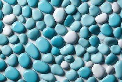 The primary subject of the image is a large blue and white wall, which is covered with a pattern of blue and white beads. The setting is a white background, and the visual style appears to be a combination of a photo and digital art. The dominant colors in the image are blue and white, creating a calm and soothing atmosphere.