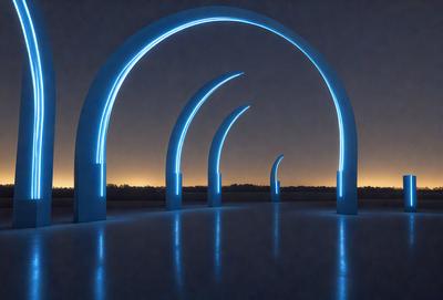 The primary subject of the image is a series of blue light poles or columns, which are illuminated and create a striking visual effect. The setting is a dark night, with the poles standing out against the night sky. The visual style is a combination of digital art and photography, as the poles are lit up with a blue glow, creating a unique and captivating scene. The colors and mood of the image are predominantly dark and moody, with the blue light poles serving as a focal