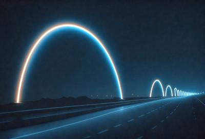 The primary subject of the image is a long, curved road with a blue glow. The setting is a nighttime cityscape, with the road illuminated by a blue light. The visual style is a digital art or illustration, creating a futuristic and surreal atmosphere. The colors and mood are predominantly blue, giving the scene a calm and serene vibe.