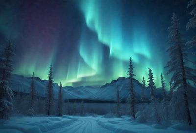 The primary subject of the image is a beautiful night scene featuring a snow-covered landscape with a trail of lights in the sky. The setting is a snowy mountain range, and the visual style is a photo. The colors and mood of the image are predominantly blue and white, creating a serene and tranquil atmosphere.