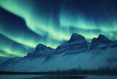 The primary subject of the image is a beautiful mountain range with a stunning view of the sky. The setting is a snowy mountain landscape, and the visual style is a photo. The colors and mood of the image are predominantly blue and serene, with the vibrant colors of the sky and the snowy mountains creating a captivating and peaceful atmosphere.