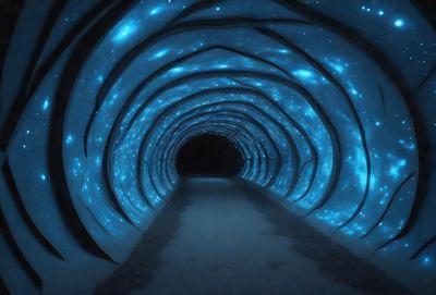 The primary subject of the image is a tunnel with a blue light illuminating it. The setting is a dark, enclosed space, and the visual style appears to be a digital art or illustration. The dominant colors are blue and purple, creating a serene and calming atmosphere.