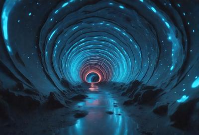 The primary subject of the image is a tunnel with a blue light illuminating it. The tunnel appears to be a part of a larger cave system. The setting is a dark cave with a blue glow, creating a unique and captivating atmosphere. The visual style of the image is a combination of photo and digital art, giving it a surreal and otherworldly appearance. The dominant colors are blue and black, with the blue light creating a sense of depth and mystery within the cave.
