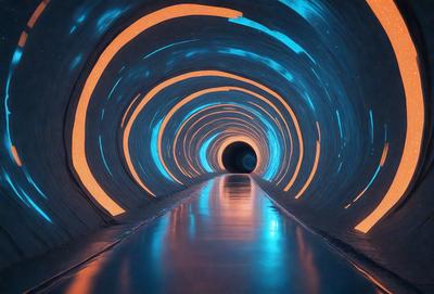 The primary subject of the image is a tunnel with a blue light illuminating it. The setting is a dark tunnel with a blue light shining through it, creating a unique atmosphere. The visual style of the image is a digital art or illustration, as it appears to be a computer-generated or digitally created scene. The colors and mood of the image are predominantly blue, giving it a calm and serene appearance.