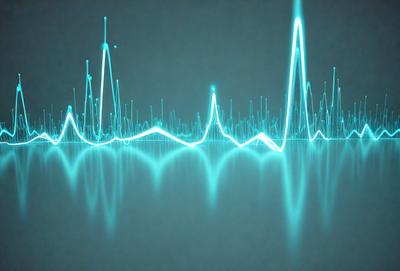 The primary subject of the image is a series of blue and green waves, which are displayed in a digital art style. The setting is a dark blue background, and the visual style is a combination of digital art and illustration. The dominant colors in the image are blue and green, creating a calm and soothing atmosphere.