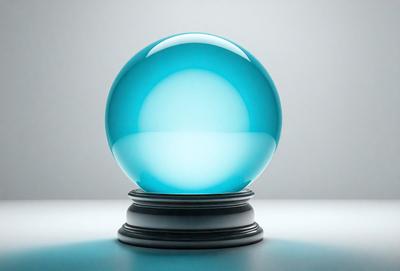The primary subject of the image is a blue crystal ball. The setting is a white table, and the visual style is a close-up of the crystal ball. The colors and mood of the image are predominantly blue, creating a calm and serene atmosphere.