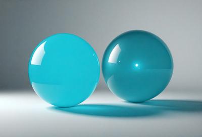 The primary subject of the image is a pair of blue glass balls. The setting is a white background, which provides a clean and minimalist appearance. The visual style is a digital art, as the image is a computer-generated representation of the blue glass balls. The colors and mood of the image are predominantly blue, creating a calm and serene atmosphere.