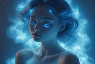 The primary subject of the image is a woman with blue eyes and long hair. She is depicted in a blue and white color scheme, which gives the image a dreamy and surreal atmosphere. The setting is a cloudy sky, which serves as the backdrop for the woman's face. The visual style of the image is digital art, as it appears to be a digital painting or illustration.