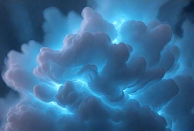 The primary subject of the image is a cloud with a blue hue, which appears to be a lightning cloud. The setting is a blue sky, and the visual style is a photo. The cloud is the main focus of the image, and its vibrant blue color and lightning-like appearance create a dramatic and captivating atmosphere.